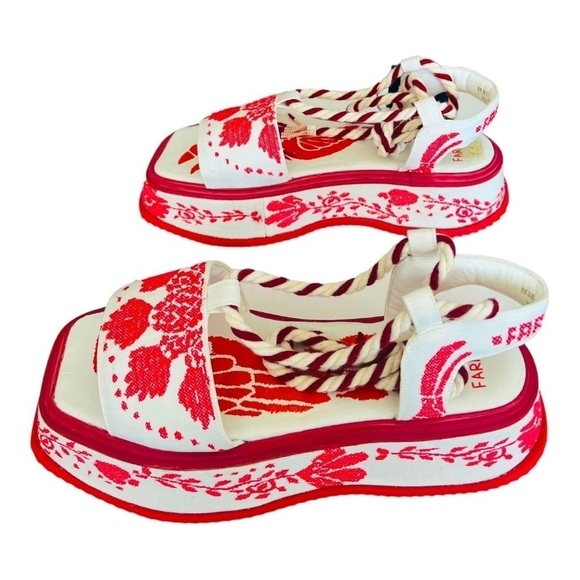 FARM RIO Red Embroidery Cross Stitch Flatform Ankle Lace Up Sandals NEW $285 - Picture 6 of 16